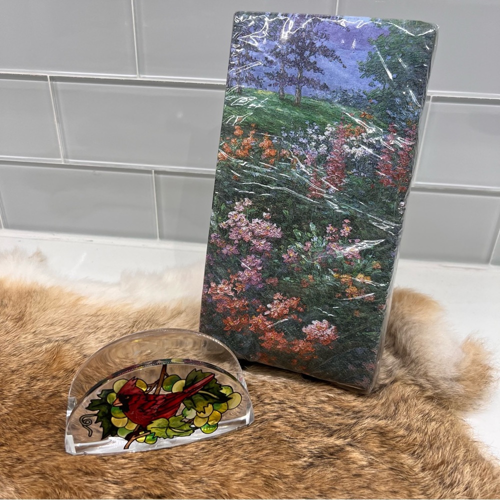 Acrylic Handpainted Card Holder & Savoy Monet’s Garden Guest Towel Napkins